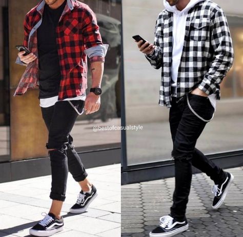 Men Fashion Flannel, Men Flannel Outfits Street Styles, How To Wear Men’s Flannel, Men’s Flannel Looks, Men’s Autumn Fashion Flannel, Vans Outfit Men, Flannel Outfits Men, Mens Fall Outfits, Trendy Mens Fashion