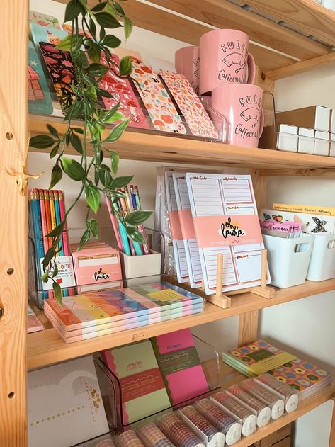 Stationery items displayed on shelving Stationery Business Aesthetic, Craft Shop Aesthetic, Stationery Display Ideas, Stationary Shop Aesthetic, Stationery Shop Aesthetic, Stationery Shop Interior Design, Business Ideas Aesthetic, Gift Shop Aesthetic, Art Shop Aesthetic