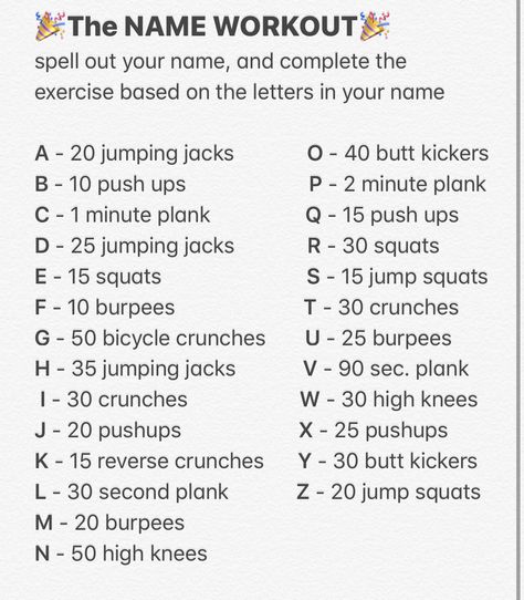 spell out your name, and complete the exercise based on the letters in your name  #workout #exercise #fitness #cardio Letter Workout Exercise, Abc Workout Exercises, Cardio Based Workouts, Workout By Name, Workouts Name, Exercise Names With Pictures, Alphabet Exercise Fitness, Workout Names Exercises, The Name Workout Challenge