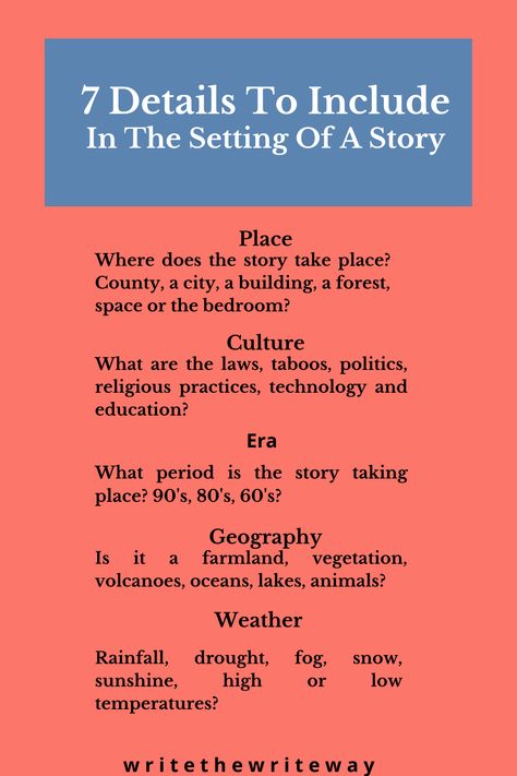 Using everything in a story to describe setting (description writing), such as geography, place, culture and era to describe setting is a way for writers to bring places to life in the reader’s mind. Setting Development Writing, How To Be Descriptive In Writing, How To Describe Places In Writing, How To Describe A Setting In A Story, Place Description Writing, Writing Tips Describing Places, How To Describe A Forest, How To Describe A Forest In Writing, Setting For Story