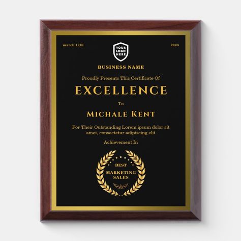 Business award certificate | Logo Custom Gold - employee recognition plaques Recognition Plaques, Recognition Awards, Employee Recognition, Business Awards, Sales And Marketing, Business Names, Created By, Marketing, ? Logo