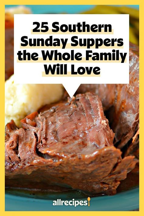 25 Southern Sunday Suppers the Whole Family Will Love | "Here, we've collected 25 Southern dinners, from classic favorites like country fried steak to newer trends like barbeque-topped totchos, so your family will never be without a delicious meal to look forward to." #dinnerideas #dinnerrecipes #familydinnerideas #supper #supperideas Dinner Recipes For Big Family Meal Ideas, Meals For 10 People Families, Home Style Meals, Easy And Delicious Dinners, Southern Family Dinner Ideas, Different Supper Ideas, Country Dinners, Comfort Food Recipes Beef, Whats For Dinner Easy