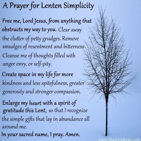 Prayer for Lenten Simplicity: Free me, Lord Jesus, from anything that obstructs my way to you. Clear away the clutter of petty grudges. Remove smudges of resentment and bitterness. Cleanse me of thoughts filled with anger, envy, or self-pity. Create space in my life for more kindness and less spitefulness, greater generosity and few self-centered needs, stronger compassion and weakened judgement of others. Enlarge my heart with a spirit of gratitude this Lent, so that I recognize the simple gift Lent Quotes, Lent Devotional, 40 Days Of Lent, Catholic Lent, Lent Prayers, Free Me, Lenten Season, Prayer Service, Prayer And Fasting