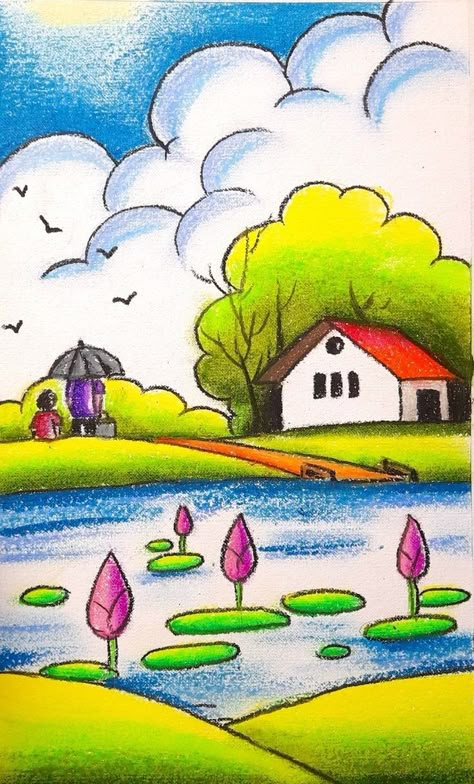 Landscape Simple Drawing, Scenery Colour Pencil, Drawing For 5th Class Student, Kids Oil Pastel Drawing, Simple Scenery Drawing For Kids, Natural Scenery Drawing For Kids, Kids Drawing Ideas Easy Nature, Landscape Drawings Easy For Kids, Oil Pastel Drawings Easy Scenery