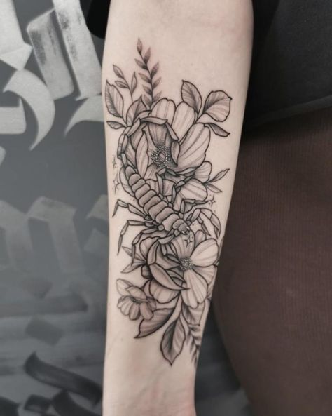 Scorpio Tattoo Sleeve, Scorpio Arm Tattoos For Women, Floral Scorpio Tattoo, Unique Scorpio Tattoo Zodiac, Feminine Scorpio Tattoo, Scorpion Flower Tattoo, Scorpio Tattoos For Women, Scorpion Tattoo Feminine, Snoopy Tattoo