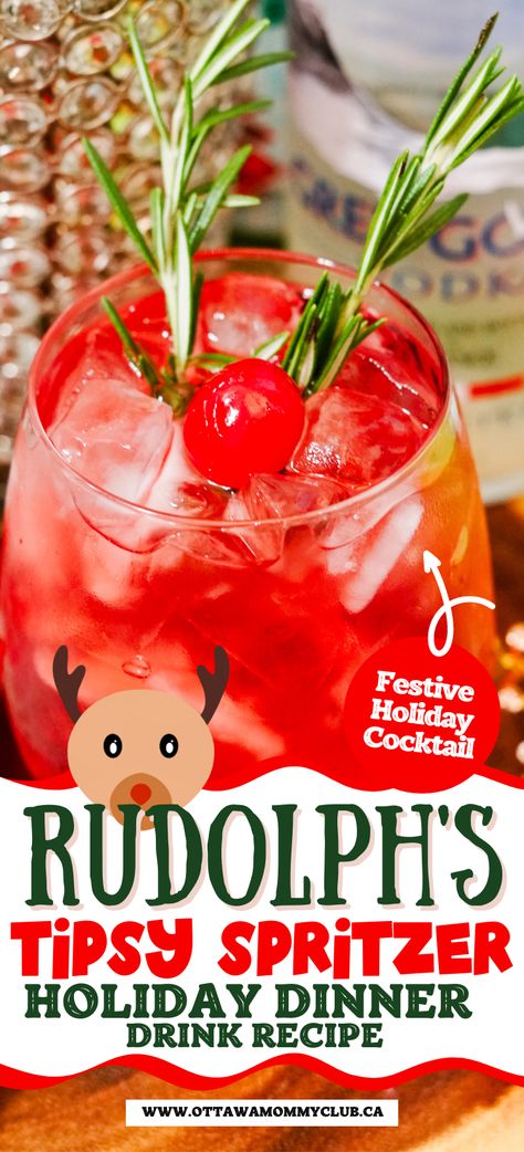 Rudolph’s Tipsy Spritzer is a holiday cocktail that combines cranberry and orange juices, pop, and vodka with a hint of festive spirits. #christmasrecipe #christmascocktail Rudolf Tipsy Punch, Tipsy Rudolph Spritzer, Rudolph The Reindeer Spritzer, Rudolph Drink Cocktail Recipes, Rum Rum Rudolph Cocktail, Rudolph Spritzer Cocktail, Rudolphs Tipsy Spritzer, Reindeer Spritzer, Rudolph’s Tipsy Spritzer