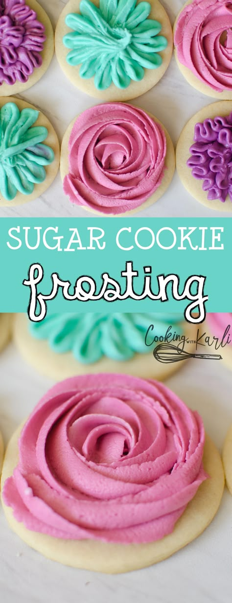 Sugar Cookie Frosting is a crusting vanilla buttercream that pipes and holds shape but tastes amazing at the same time! -Cooking with Karli- #recipe #frosting #icing #buttercream #sugarcookie Icing With Shortening, Crusting Buttercream Recipe, Oreo Rice Krispie Treats, Crusting Buttercream, Cookie Frosting Recipe, Bbq Dessert, Icing Buttercream, Vegetable Shortening, Mini Chocolate Chip Cookies