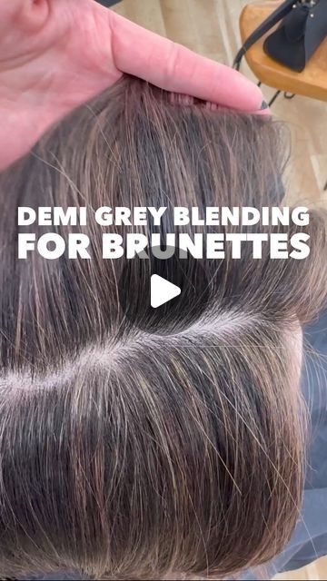 Emily Chen on Instagram: "Why yes. Yes it can be done on dark hair too 🤎   Think of permanent color as a full coverage lipstick, and demi color as tinted lipgloss. Or painted cabinets vs stained cabinets. Permanent color will give you the heaviest coverage, but it’ll also give you the most dramatic regrowth line. Demi offers less coverage, but a more subtle & graceful growout.   My client here was sick of having to color her regrowth every 4 weeks, but she wasn’t ready to go full-on grey. Our goal was to get her to a level 6 demi base so that she’s able to stretch her regrowth maintenance visits to 6-8 weeks.   This was my client’s second blending session in her transition from opaque permanent color to translucent demi color and we both LOVED how it came out 😍 we did one more blending s Best Grey Coverage Hair Color, Transition Grey Hair, Colour To Hide Grey Hair, Ion Demi Permanent Hair Color Chart, Blending In Greys In Brown Hair, How To Embrace Grey Hair, Grey And Dark Hair, 9.1 Hair Color, Grey Blended Hair Dark Brown