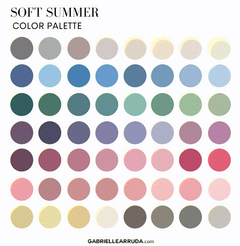 Unleash the beauty within with our comprehensive Soft Summer Seasonal Color Analysis Guide. Learn how to determine if you belong to this cool-toned and muted color group, and explore the Soft Summer Palette with its delicate and sophisticated shades. Discover the Soft Summer qualities and find inspiration for your makeup and outfit ideas that will complement your unique features. From chic and elegant to casual and playful, our guide has it all. Let your true colors shine and elevate your ... Makeup For Soft Summer Color Palette, Muted Summer Colour Palette, Summer Soft Color Palette, Cool Tones Palette, Soft Summer Color Palette Nail Polish, Created Colorful Soft Summer, Muted Cool Colors, Muted Cool Summer, Soft And Cool Color Palette