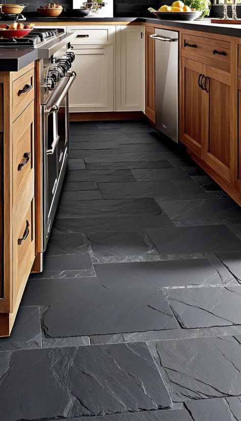 Slate Kitchen Countertops, Brown Kitchen Tiles, Wood Pallet Flooring, Slate Floor Kitchen, Dark Kitchen Floors, Kitchen Flooring Trends, Kitchen Flooring Ideas, Slate Kitchen, Kitchen Flooring Options