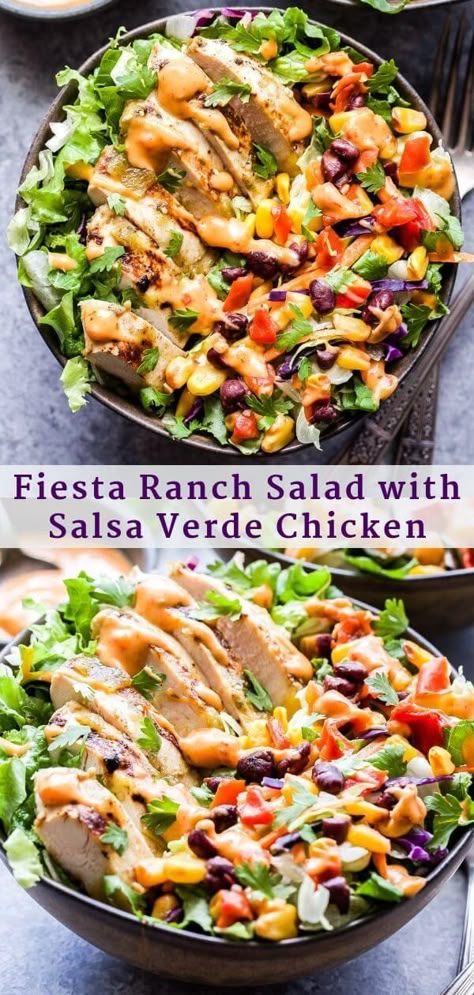 This southwest inspired Fiesta Ranch Salad with Salsa Verde Chicken is a quick and easy dinner or lunch that’s perfect for days when you’re short on time! Full of flavors and toppings the whole family can get behind. #salad #chicken #salsaverde #easyrecipe #healthydinner #quickdinner #familyfriendly Fiesta Chicken Salad Recipe, Salads Recipes For Dinner Chicken, Easy Salads For Dinner, Summer Salads With Chicken, Southwest Chicken Salad Recipe, Salsa Verde Chicken Recipe, Salads With Chicken, Chicken Fiesta, Dinner Salad Recipes