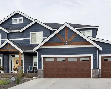 Slate Blue House Exterior With Cedar, Dark Blue House Exterior Black Windows, Navy House Black Door, Dark Exterior With Cedar Accents, Blue House With Wood Door, Navy Craftsman Exterior, Dark Blue House With Wood Accents, Smokey Blue House Exterior, Dark Blue Colonial House Exterior