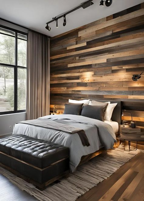 21 Organic Modern Bedroom Ideas for a Nature-Inspired Oasis 8 Bedroom Ideas Gray, Mens Bedroom Ideas, Masculine Bedroom Ideas, Black Leather Bed, Bedroom Ideas Men, Organic Modern Bedroom, Men's Bedroom, Leather Bedroom, Black Brick Wall