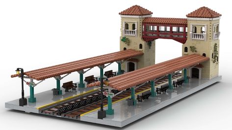 Train Station from BrickLink Studio Minecraft Medieval Train Station, Minecraft Train Tunnel, Minecraft Rail Station, Minecraft Train Station Building, Sims 4 Train Station, Minecraft Train Design, Minecraft Steam Train, Minecraft Underground Railway, Minecraft Minecart Station