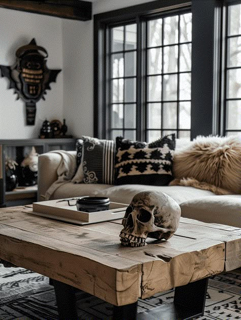 Western Gothic Living Room: Rustic Wooden Coffee Table White Goth Living Room, Vintage Living Room Table, Dark Country Decor, Cactus In Living Room, Dark Country Living Room, Gothic Coffee Table Decor, Yallternative Aesthetic Home, Goth Farmhouse Living Room, Western Gothic Decor Living Room