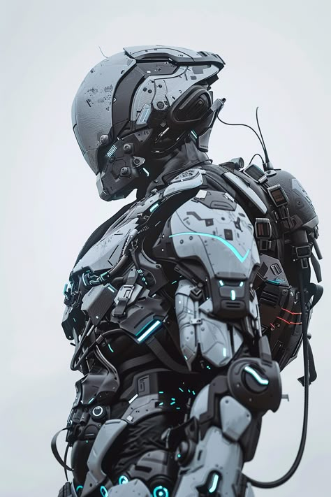 #Cyberpunk #MilitaryMech #ArmorSuit #BlackAndWhite #BlueAccents #Futuristic #TheCandie Cyberpunk Mech Suit, Sci Fi Mech Suit, Robot Suit Concept Art, Mech Suit Design, Futuristic Armor Concept Art, Spacesuit Concept Art, Mech Suit Concept Art, Sci Fi Suit, Cyberpunk Robot