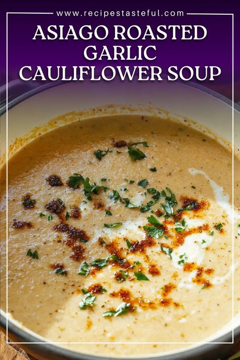 This creamy, velvety Asiago Roasted Garlic Cauliflower Soup is the perfect comfort food. Roasted cauliflower and garlic form the rich, savory base, while grated Asiago cheese adds a delightful depth of flavor. Finished off with a crispy, crunchy quinoa and seed topping, this soup is hearty enough for lunch or dinner, yet light and nutritious. Asiago Soup, Roasted Garlic Cauliflower Soup, Garlic Cauliflower Soup, Crunchy Quinoa, Sunday Roast Dinner, Garlic Cauliflower, Wls Recipes, Heart Healthy Foods, Creamy Cauliflower Soup