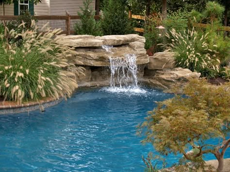 Pool Waterfall Landscaping, Swimming Pool Natural, Pool Waterfalls, Waterfall Landscaping, Pool Natural, Swimming Pool Waterfall, Simple Backyard, Rock Waterfall, Pools Backyard Inground