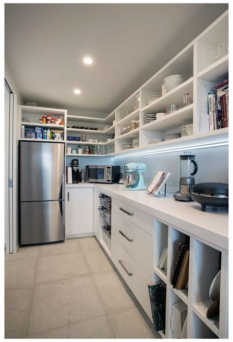 Pantry With Fridge, Walk In Pantry Ideas Layout, Scullery Ideas, Walk In Pantry Ideas, Pantry Layout, House Pantry, Dream Pantry, Pantry Laundry Room, Pantry Room