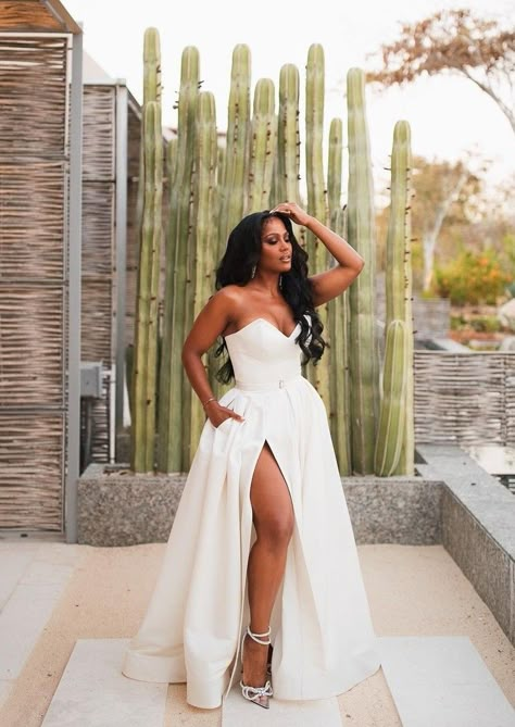 Wedding Dress Inspo Black Women, Wedding Dresses Simple Black Woman, Black Owned Wedding Dress, Black Brides Dresses, Modern Wedding Dress Black Women, Plus Size Beach Bride, Summer Wedding Dress Black Bride, Wedding Dresses With Split, Courthouse Wedding Black Women