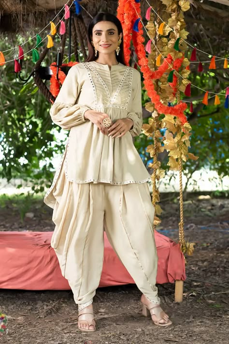 Shop for Tanu Malhotra Beige Twill Cotton Embroidered Tunic And Dhoti Pant Set for Women Online at Aza Fashions Dhoti Top Style For Women, Dhoti Pant Suits For Women, Kurta Dhoti For Woman, Dhoti Styles For Women, Coord Set With Dhoti, Dhoti Outfits Women Wedding, Women Dhoti Kurta Set, Dhoti Frock Dress, Dhoti Sets For Women