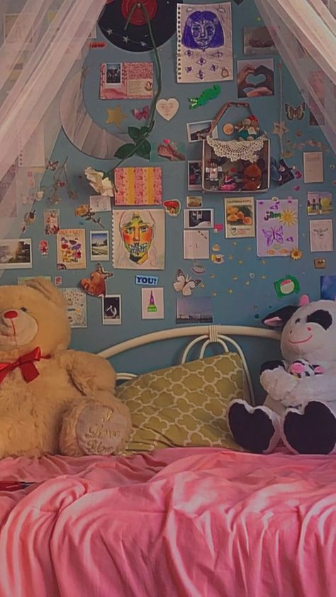 room inspo indie sayuratiin blue pink room aesthetic artsy colorful pastel room tiktok flowers butterflies stickers cute room Pastel Pink And Blue Bedroom, Blue Pink Room, Colorful Room Aesthetic, Pink Room Aesthetic, Room Tiktok, Butterflies Stickers, Funky Room, Indie Bedroom, Aesthetic Artsy