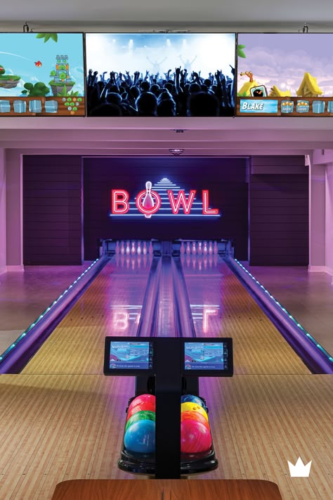 Bowling Lanes in Home Entertainment Interior Design, Indoor Bowling, Bowling Center Design, In Home Bowling Alley, Bowling Alley In House, Mini Bowling Alley, Retro Bowling Alley Aesthetic, Bowling Alley Design, Bowling Night