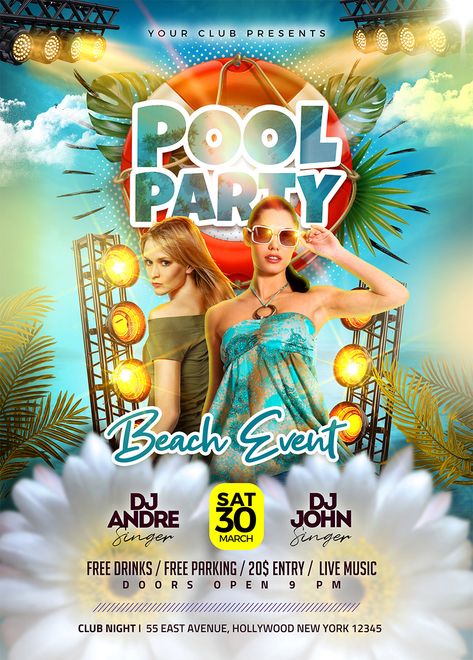 Introducing our exclusive freebie a Beach Pool Event Party Flyer PSD. This incredible design is perfect for boosting the visibility of your beach party events, pool parties, festivals, and any other summer-related gatherings. Summer Party Poster Design, Pool Party Flyer Design, Pool Party Club, Pool Party Design, Pool Party Poster, Pool Party Flyer, Surfer Party, Beach Party Flyer, Pool Events