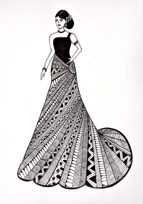 Girl in beautiful gown portrait mandala art | Western long dress drawing | Doodle/ Zentangle pen art Western Dresses Drawing, Long Dress Drawing, Western Long Dress, Doodles Artwork, Mandala Dress, Zantangle Art, Mandala Arts, Gown Drawing, Boho Art Drawings