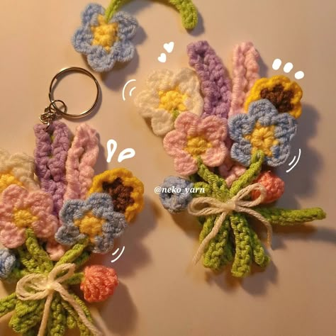 💐 mini boquet flowers 💐 #crochet #flower #boquet #cute #miniflowerbouquet #miniflowercrochet How To Crochet Mini Flowers, Mini Flower Bouquet Crochet, Crochet Mini Flowers, Mini Flower Bouquet, Crochet Pom Pom, Flower Boquet, Quick Crochet Projects, Keychain Making, Crochet Tutorial Pattern