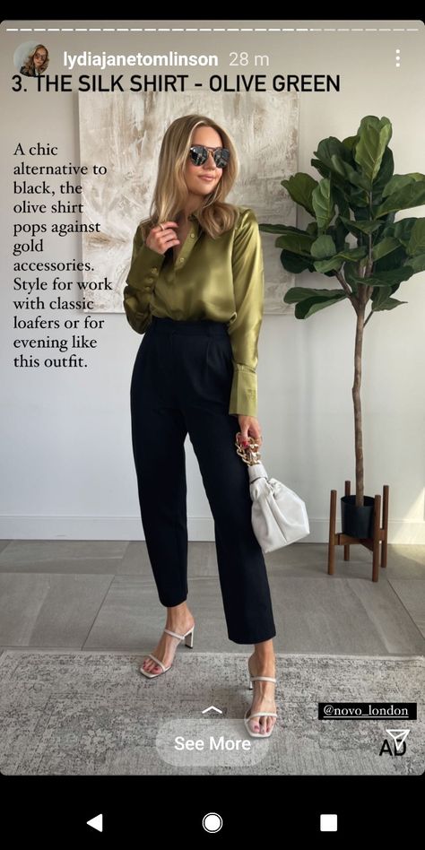 Olive Green Shirt Outfit, Silk Top Outfit, Silk Blouse Outfit, Silk Shirt Outfit, Office Wear Women Work Outfits, Stylish Business Outfits, Cute Outfits With Shorts, Chic Outfits Classy, Shirt Dress Outfit