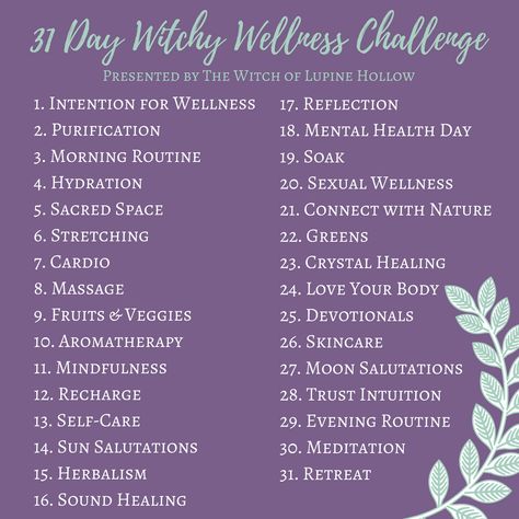 31 Day Witchy Wellness Challenge - July 2018 Witchy Self Care, Witchy Business, 30 Day Challenges, Wellness Challenge, Witch Tips, Witchy Tips, Wiccan Spell Book, Witchcraft For Beginners, Mental Health Day