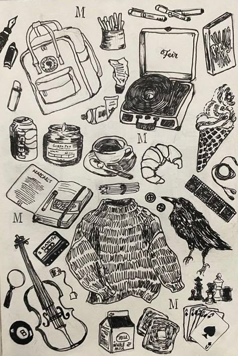 Doodles Of Art Supplies, Ink Sketchbook Drawings, Drawing Inspo Objects, Observational Drawing People, Sketching Book Ideas, Person With Backpack Drawing, Messy Illustration Style, Cute Drawings Digital Art, Sequential Narrative Illustrations