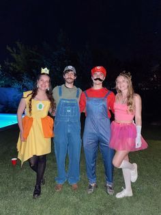 Group Of 4 Couple Costumes, Mario Party Costumes Group Halloween, Mario And Friends Costumes, 4 Couple Halloween Costumes, Halloween Costumes 4 Friends Funny, Stunt Group Themes Costumes, 4 People Couple Halloween Costumes, Mario Trio Costume, Group Costume Ideas For 4 Couples