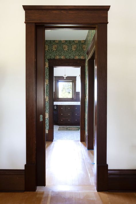 Victorian Trim Interior, Wood Trim Doors, Painted Moldings And Trim Bathroom, Victorian Door Trim, Wood Doorway Casing, Walnut Window Trim, Dark Wood Baseboards And Trim, Traditional Trim Styles, Victorian Trim Moldings