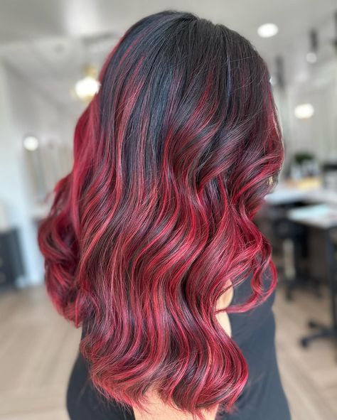 Different Styles Of Dyed Hair, Hair Idea Color, Volleyball Hairdos, Brown Hair With Dark Red Highlights, Hair Cuts And Color Ideas, Dyed Hair Ideas For Brunettes, Dark Roots Red Hair Balayage, Brown And Red Balayage, Brunette With Red Balayage