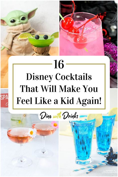 Collage of 4 disney cocktails. Disney Princess Alcoholic Drinks, Disney Mocktail, Minnie Mouse Cocktail, Disney Themed Drinks Alcoholic Beverages, Disney Cocktails Recipes, Disney Princess Drinks, Disney Inspired Drinks, Disney Themed Cocktails, Disney Themed Drinks