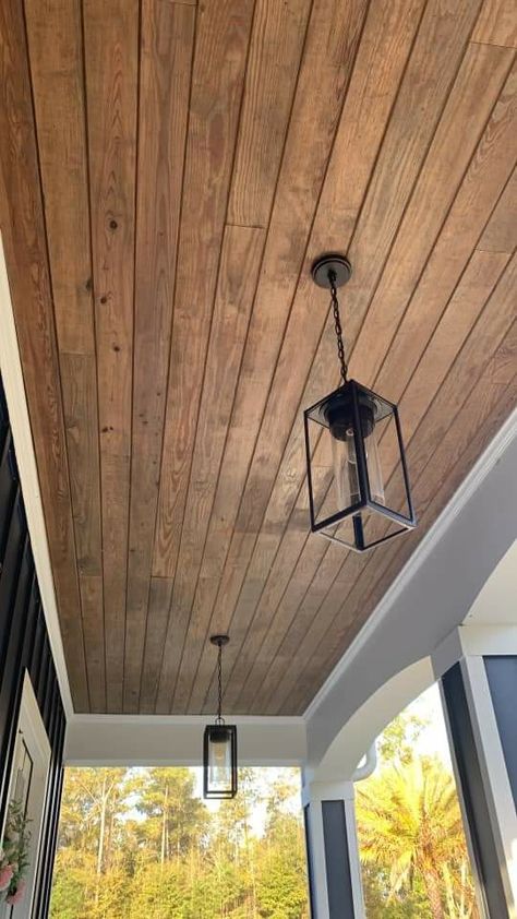 Stained Patio Ceiling, Front Porch Ceilings Ideas, Porch Ceiling Wood Planks, Wood Deck Ceiling, Screened In Porch Wood Ceiling, Covered Patio Ceiling Ideas Wood, Outside Ceiling Ideas, Wood Outdoor Ceiling, Beadboard Porch Ceiling Stained