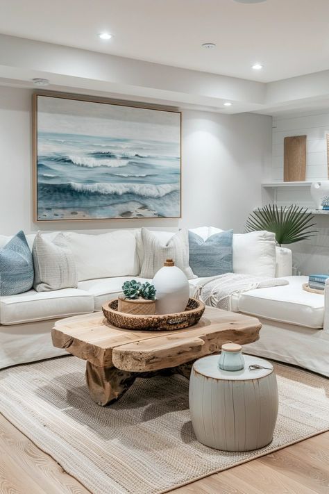 29 Basement Living Room Ideas to Transform Your Space 3 Beach Themed Basement, Mountain Coastal Decor, Coastal Theme Living Room, Coastal Basement Ideas, Beach Theme Living Room Coastal Style, Beach House Basement, Beach Theme House, Coastal Boho Living Room, Basement Living Room Ideas