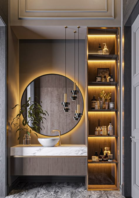 Unique Bathroom Mirrors, Rustic Bathroom Mirrors, Bathroom Recessed Lighting, Washbasin Design, Bathroom Decor Luxury, Washroom Design, Basin Design, Vanity Design, Mirror Ideas