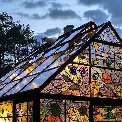 All Glass Greenhouse, Greenhouse Stained Glass Windows, Stained Glass Houses, Stained Glass Greenhouse, Colorful Greenhouse, Swamp Magic, Contemporary Greenhouses, Charming Interior, Glass Green House