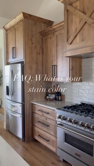 Probably one of the most asked questions I get is about our cabinet stain color. I have to give major props to my husband who picked it… | Instagram Clear Coat Alder Cabinets, Stain Color For Kitchen Cabinets, Provincial Stain Cabinets, Special Walnut Stain Cabinets, Knotty Alder Cabinet Stain Colors, Knotty Alder Walnut Stain, Stain Colors On Knotty Alder, Staining Hickory Cabinets, Aged Barrel Stain Cabinets