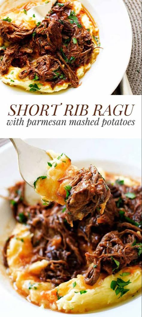 This hearty short rib ragu is the ultimate comfort food! It's rich with a velvety sauce and perfect over mashed potatoes, pasta or rice #beef #shortribs #comfortfood #dinner #recipes #cooking #potatoes Slow Cook Short Ribs, Short Rib Ragu, Cooking Short Ribs, Short Rib, God Mat, Think Food, Beef Dinner, Rib Recipes, Minestrone