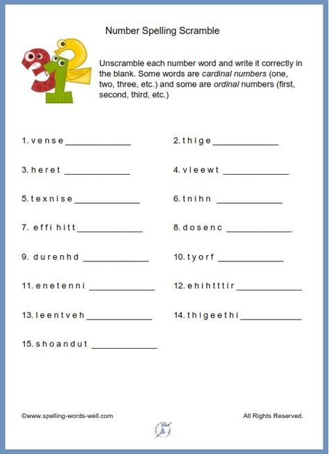 This Number Spelling Scramble printable page is great for practice and review in correctly spelling those tricky number words. From www.spelling-words-well.com Spelling Practice Worksheets, Number Spelling, Number Words Worksheets, Jumbled Words, English Grammar For Kids, Kindergarten Phonics Worksheets, Teaching Spelling, Word Puzzle, Spelling Worksheets