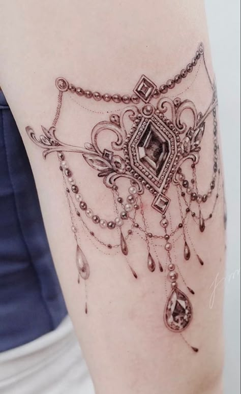 Back Jewelry Tattoo, Thigh Jewelry Tattoo, Tattoos That Look Like Jewelry, Lace Jewel Tattoo, Black And Gray Jewel Tattoo, Jewelry Tattoo Designs Arm, Vintage Jewelry Tattoo, Necklace Tattoos Women, Chandelier Tattoos For Women Arm