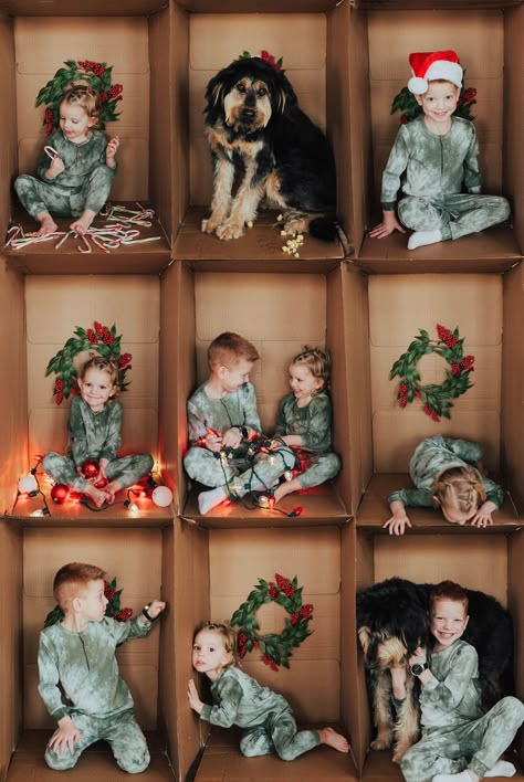 Mini Photo Decor Ideas, Self Christmas Photoshoot, Kids Christmas Card Photoshoot Ideas, Christmas Indoor Mini Sessions, Winter Picture Ideas Family, Cardboard Box Christmas Photos, Kid Holiday Photoshoot Ideas, Cardboard Box Photography, Christmas Family Photo Ideas Indoor