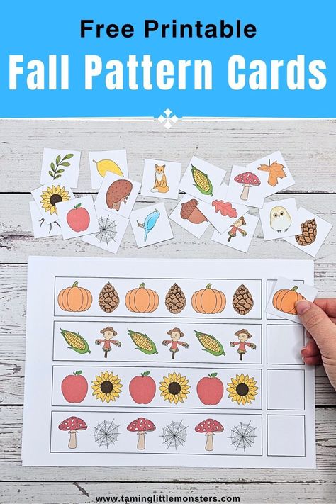 Fall Pattern Cards (Free Printable for Kids)    A great way to teach preschoolers and kindergarteners some simple math concepts. Grab your free copy today.    #fall #math #stem #freeprintable #preschool #kindergarten Math Activities Preschool Fall Theme, Fall Kindergarten Printables, Math Links Pattern Cards Free Printable, Farm Patterns Preschool, Patterns In Preschool, Fall Shape Crafts Preschool, Fall Patterning Kindergarten, Fall Montessori Activities For Preschool, Free October Printables Preschool