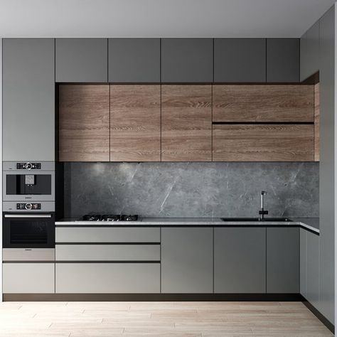 Grey Walnut Kitchen, Minimalist Grey Kitchen, Modern Kitchen Gray, Modern Cabinets Kitchen, Kitchen Set Grey, Grey Kitchen Ideas Modern Gray, Grey And Wood Kitchen, Grey Wood Kitchen, Kitchen Set Modern