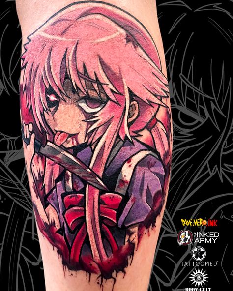 Anime Tattoos Color, Yuno Tattoo, Yandere Tattoo, Yuno Gasai Tattoo, Waifu Tattoo, Dark Anime Tattoo, Black Clover Tattoo, Thigh Piece Tattoos, Colour Tattoo For Women