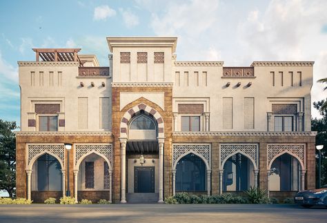 Arabic Facade Design, Modern Mughal Architecture, Modern Islamic Architecture Elevation, Modern Islamic Elevation, Islamic Architecture Buildings, Modern Islamic Architecture, Islamic Architecture House, Arabic House Design, Islam Architecture